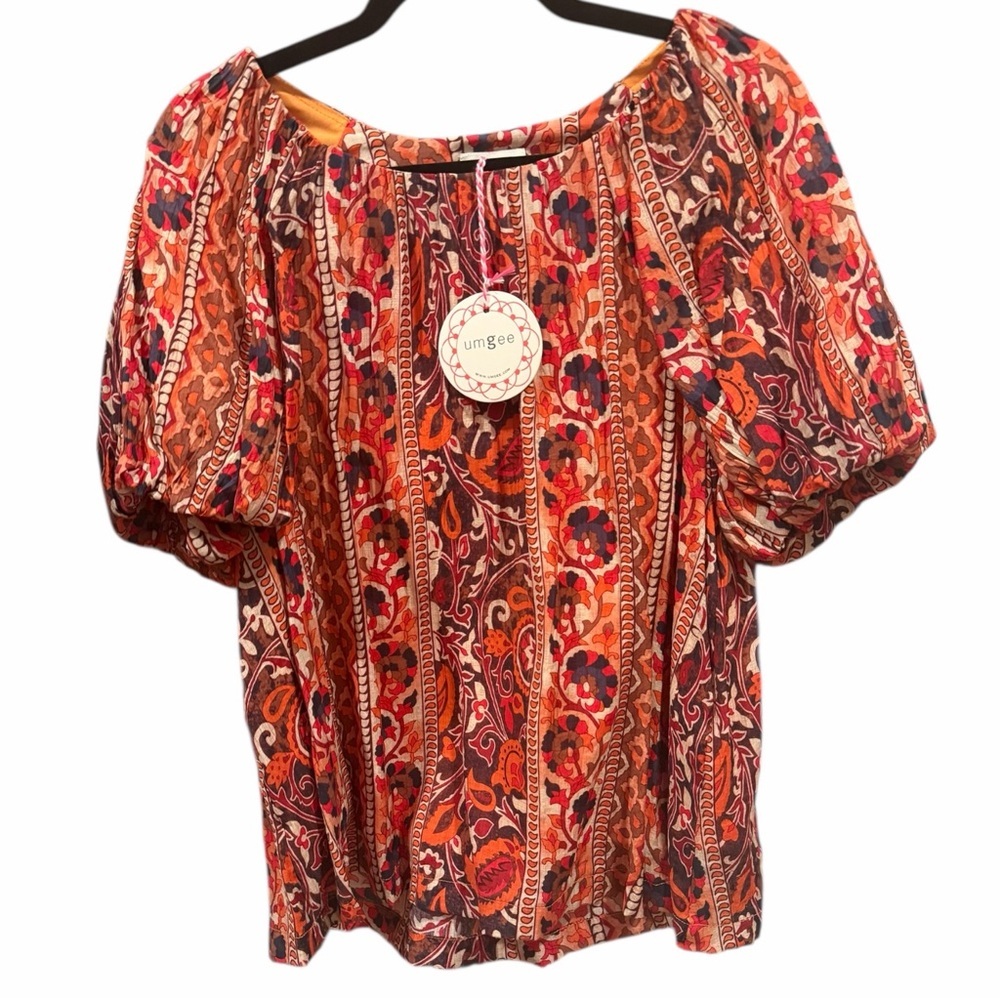 Umgee Rust Boho Paisley Puff Sleeve Oversized Blouse NWT Size S - Picture 5 of 8
